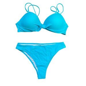 Shein Bikini Set Women's Large Front Twist Detail Push Up Bra Double Straps Blue